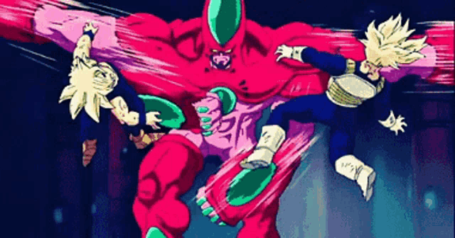 a group of cartoon characters are fighting each other and one of them has the letter r on his chest