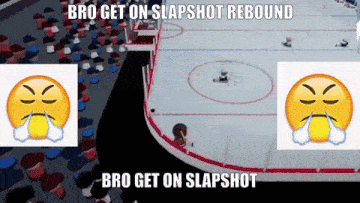 a hockey game is being played with a caption that says " bro get on slapshot rebound "