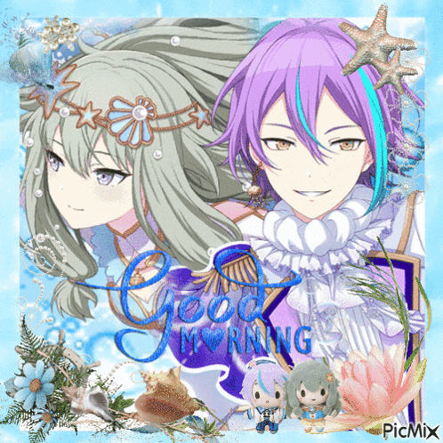 a picture of two anime characters with the words good morning written in blue