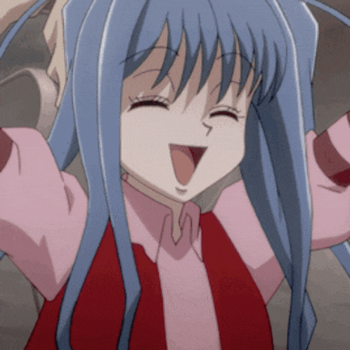 a girl with blue hair is wearing a pink shirt and tie