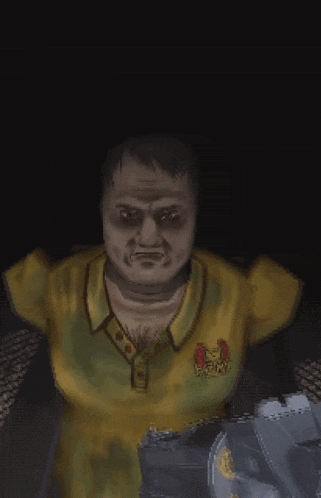 a man in a yellow shirt with a horseshoe on it is holding a gun