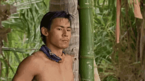 a shirtless man is leaning against a bamboo tree in the jungle .