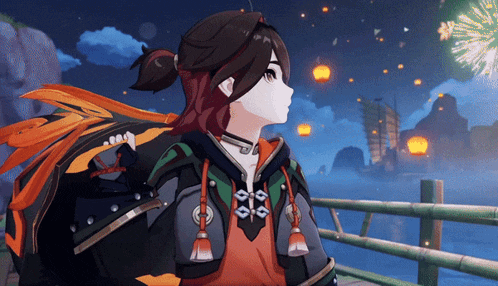 a girl in a ponytail stands in front of a firework display