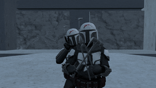 a couple of soldiers are standing next to each other and one of them has a cross on his helmet