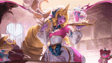 a woman with a unicorn horn is holding a tray of food