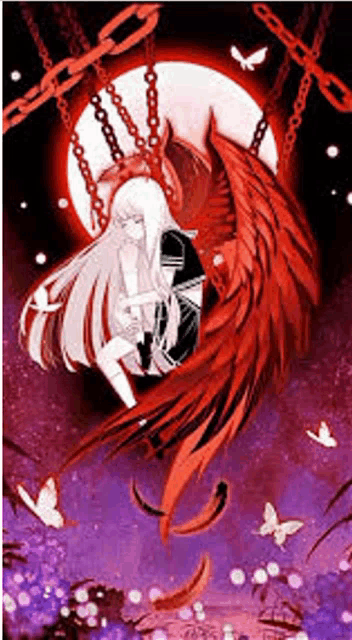 a girl is sitting on a swing with a red bird behind her .