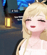 a girl with blonde hair is standing in front of a sign that says use wasp to my