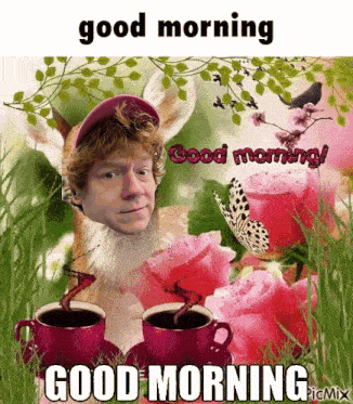 a good morning greeting card with a man 's head on a deer
