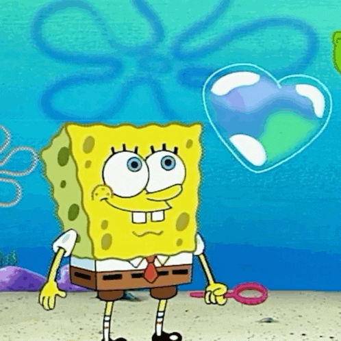 a cartoon character named spongebob is blowing a heart shaped bubble