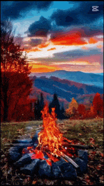 a painting of a campfire with a mountain in the background