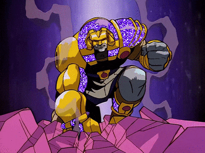 a cartoon character is standing on a pile of rocks with a purple light behind him
