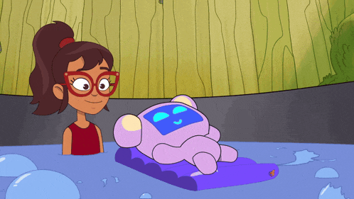 a cartoon of a girl looking at a robot in a bathtub
