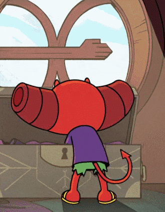 a cartoon character is standing in front of a treasure chest with an arrow pointing out of it