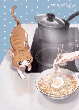 a cartoon drawing of a cat looking at a bowl of noodles and a person cooking