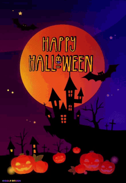 a halloween poster with pumpkins and bats and the words happy halloween