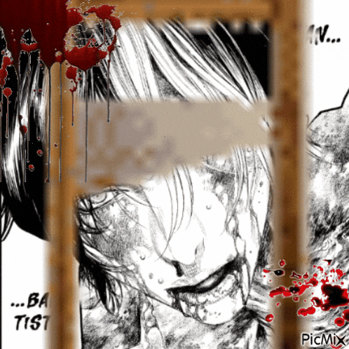 a black and white drawing of a woman with blood coming out of her mouth and the words ba tiist on the bottom right