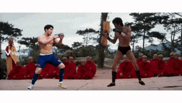 two men are boxing in front of a group of monks and the word viggle.ai is on the bottom right