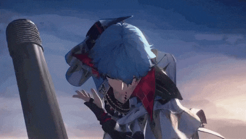 a cartoon character with blue hair is standing next to a microphone .