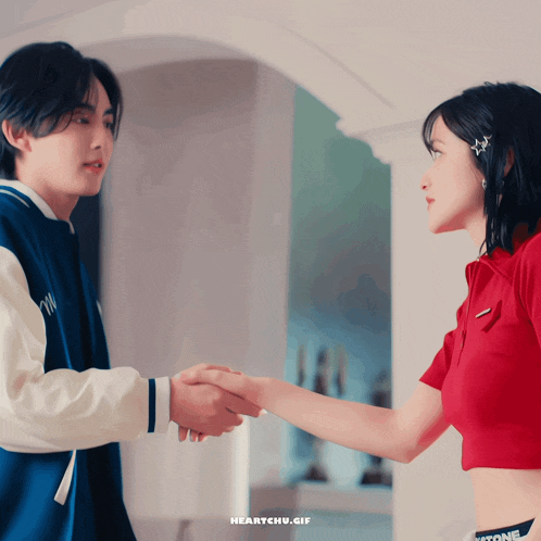 a girl in a red shirt is shaking hands with a boy in a blue jacket
