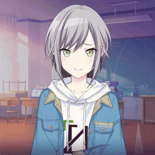 a girl with gray hair and green eyes is wearing a blue jacket and a white shirt with the letter n on it