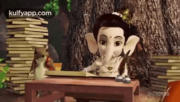 a cartoon of ganesha sitting at a table with a stack of books and a frog .