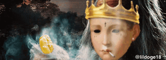 a doll wearing a crown smoking a cigarette