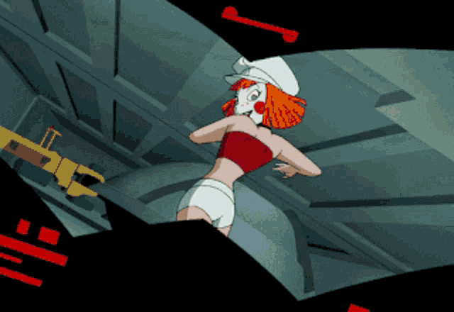 a woman in a red top and white shorts is dancing in a dark room