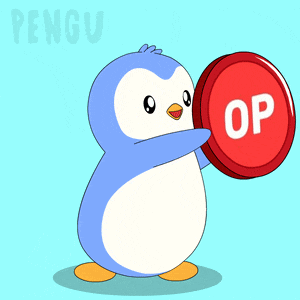 a penguin is holding a red coin that says op on it