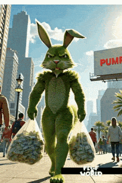 a green bunny carrying bags of money in front of a pump sign