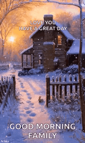 a picture of a snowy cabin with the words `` love you have a great day good morning family '' .