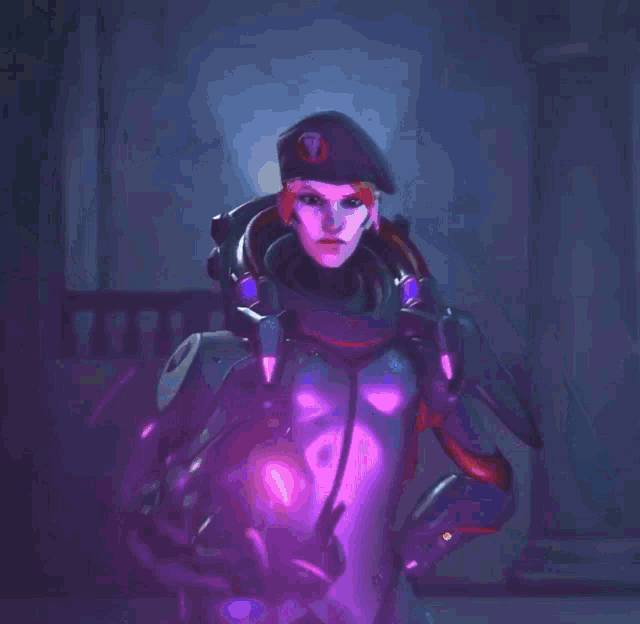 a woman in a black beret holds a purple object in her hand