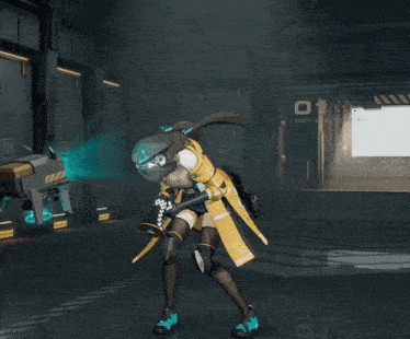 a woman in a yellow jacket is holding a gun in a dark room
