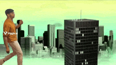 a man walking in front of a city skyline with a viggle.ai logo
