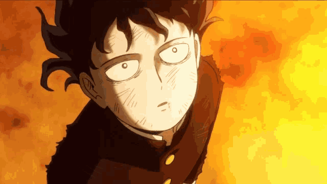 a close up of a cartoon character 's face with a fire background