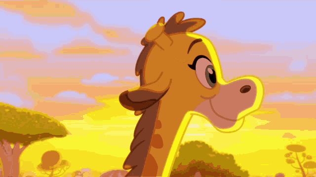 a cartoon of a giraffe looking at the sunset