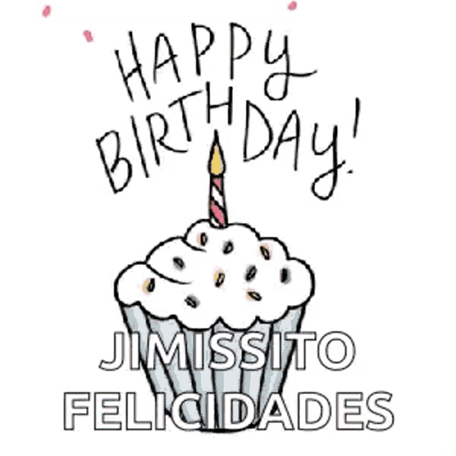 a happy birthday greeting card with a cupcake with a candle and sprinkles