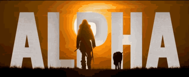 a silhouette of a man and a dog standing in front of the word alpha
