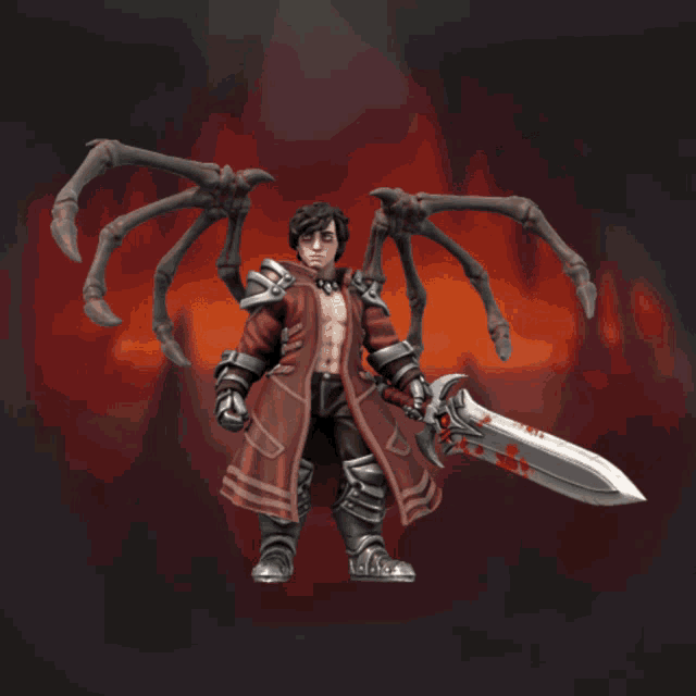 a statue of a man holding a sword with blood on it