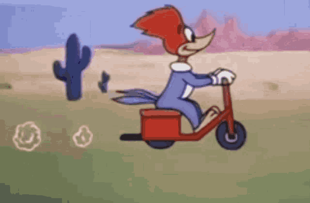woody woodpecker is riding a scooter in a desert .