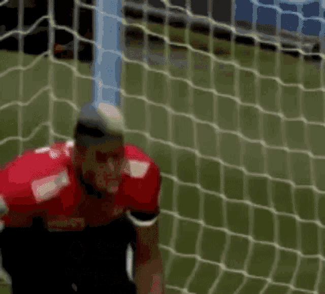 a soccer player in a red shirt is standing in front of a goal net .