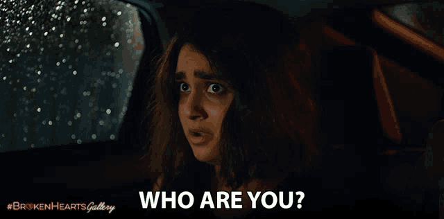a woman in a car with the words who are you on the bottom right