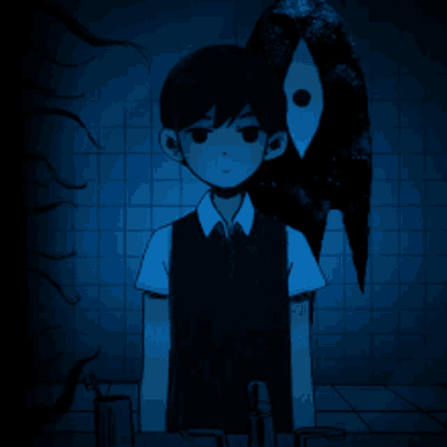 a cartoon of a boy in a bathroom with a bird behind him