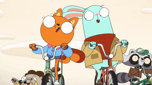 a group of cartoon characters riding bikes including a cat and a raccoon
