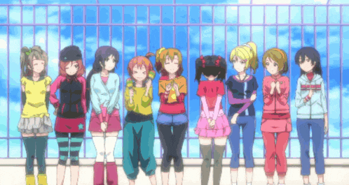a group of anime girls are standing next to each other on a balcony