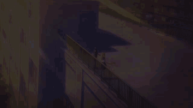 a couple walking on a balcony with a fence