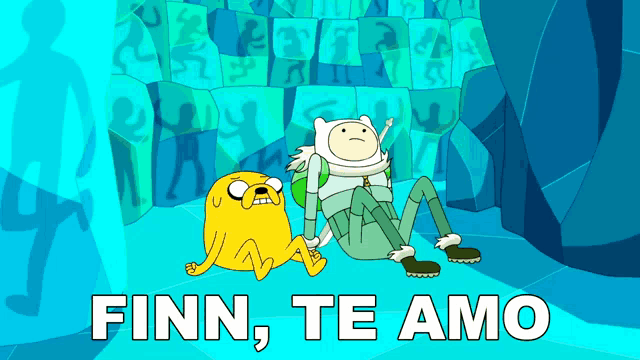 a cartoon of finn and jake with the words finn te amo in white letters