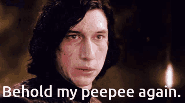 a close up of a man 's face with the words behold my peepee again