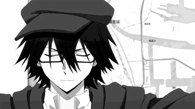 a black and white drawing of a boy with glasses and a hat