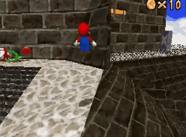 a video game where mario is standing on a brick wall with the number 10 in the corner
