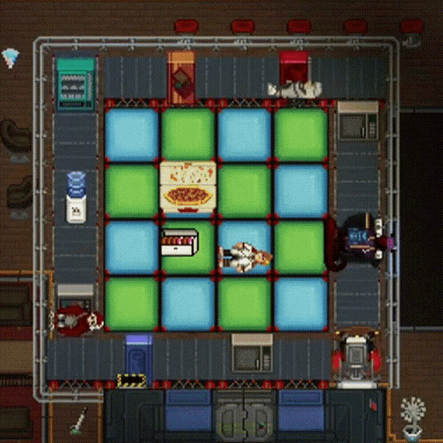 a video game is being played in a room with lots of squares including a pizza box